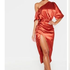Rust Orange Satin One Shoulder MIDI Dress Size 12